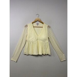 Cottagecore Ruby & Jewell Womens LG Yellow Floral Lace V-Neck Peplum Top